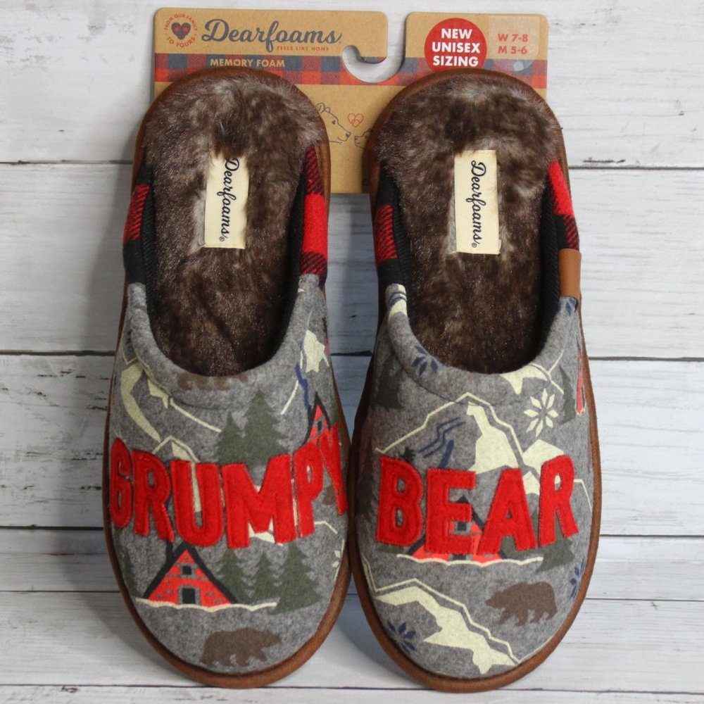Dearfoams Men's Mule Slippers Size 5 6 Grumpy Bear